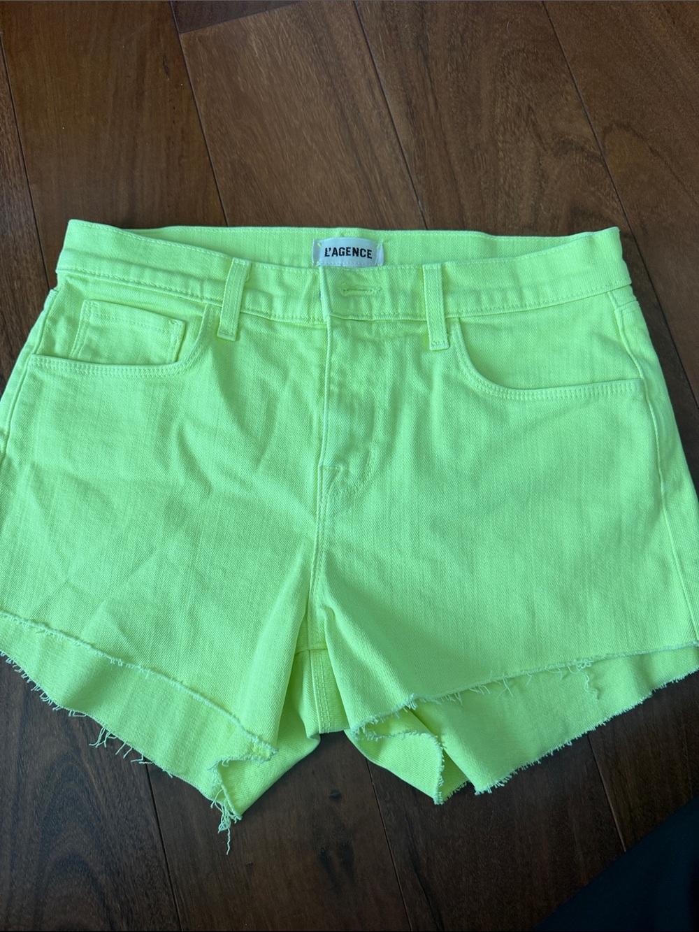 L'AGENCE Neon Yellow Frayed-Hem Denim Shorts